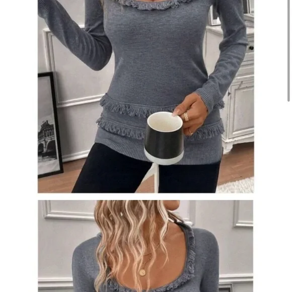 Gray Fringe Trim Scoop Neck Sweater NWOT - Picture 4 of 4